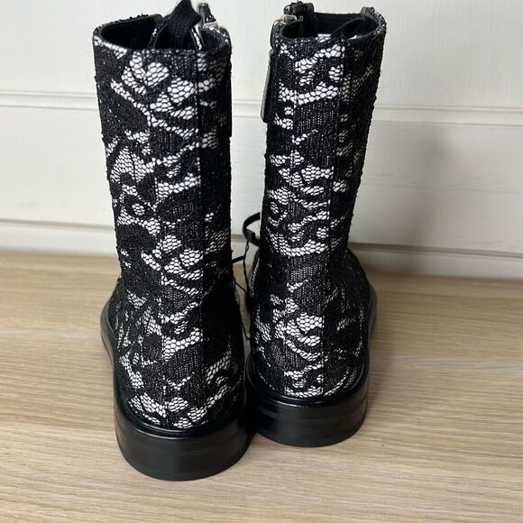 Casadei Black Lace & Leather Combat Ankle Boots Size 37/7 US Nwt - Picture 5 of 8